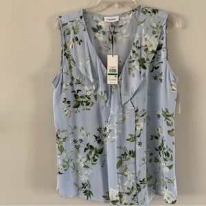Women’s Calvin Klein Ruffled V-Neck Collar Floral Sleeveless Top Blouse, Large